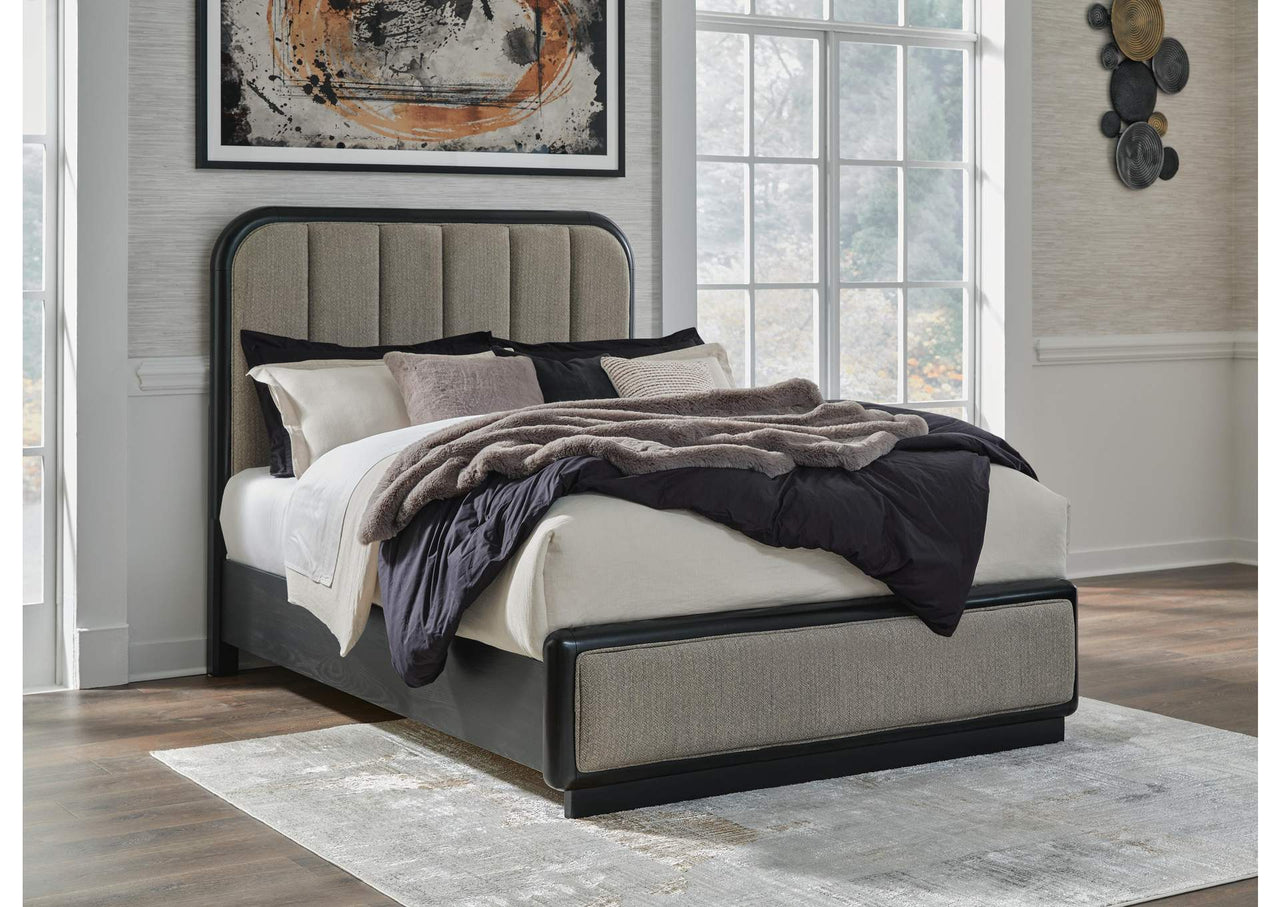 Rowanbeck Queen Upholstered Panel Bed | Black Queen Bed Frame