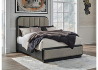 Thumbnail for Rowanbeck Queen Upholstered Panel Bed | Black Queen Bed Frame