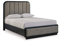 Thumbnail for Rowanbeck Queen Upholstered Panel Bed | Black Queen Bed Frame