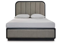 Thumbnail for Rowanbeck Queen Upholstered Panel Bed | Black Queen Bed Frame
